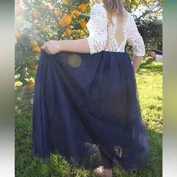 Toddler Full-Length Tulle Tutu Lace Back Party Flower Girl Dress - Navy - Picture 3 of 4